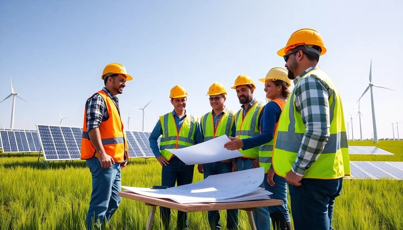 Engaged skilled labor for energy sector workers collaborating outdoors on a renewable energy project.