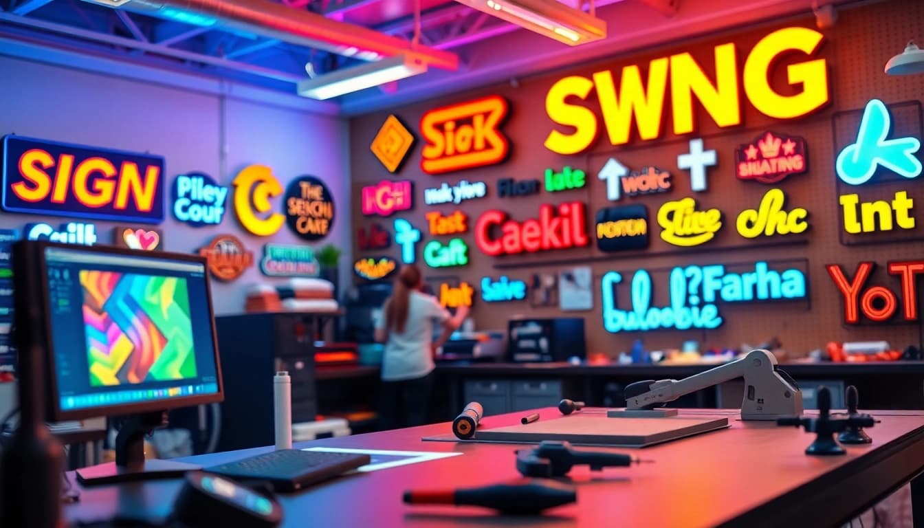 Team at pm signs corporation creating vibrant custom signage in a bright workshop.