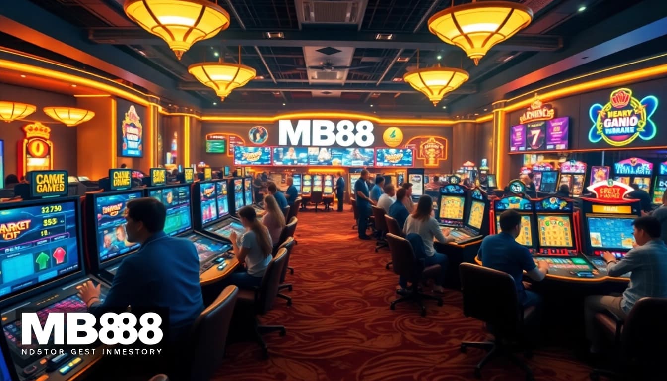 MB88 gaming platform with excited players in a luxurious casino setting.