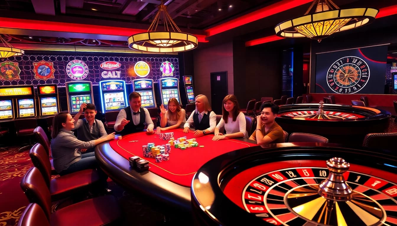A thrilling casino scene showcasing KJC AC 1 with poker chips, cards, and slot machines.