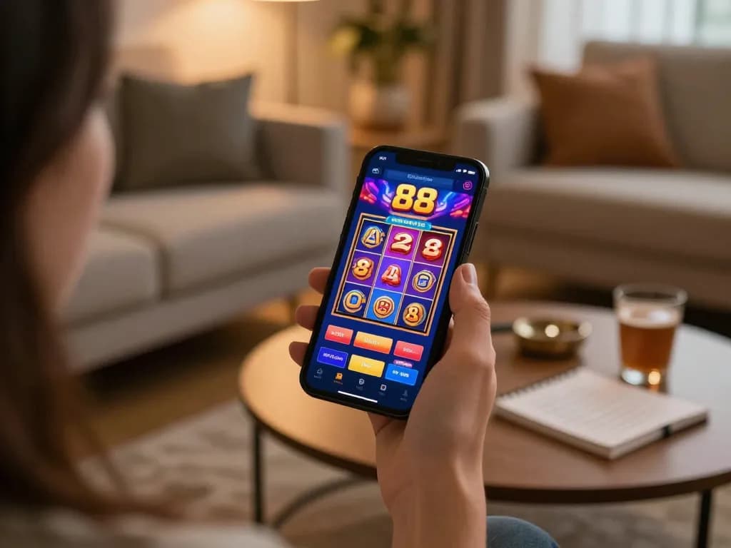 Engaging gameplay on open88 mobile app showcasing exciting slot games in a cozy home.