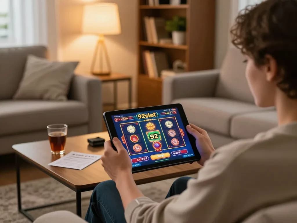 Engaging with vibrant slot games on 92slot while enjoying a cozy home setup.