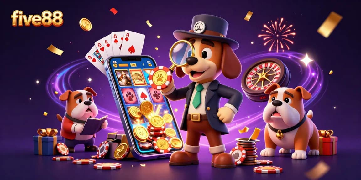 Engage with five88 by exploring vibrant casino elements in an exciting detective-themed illustration.