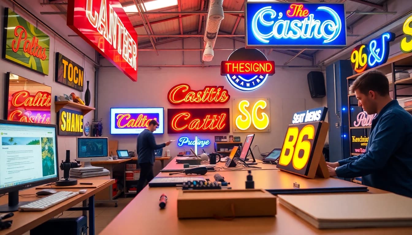 Diseño de rótulos personalizados y de iluminación que exhibe rótulos en Alicante en un taller profesional.