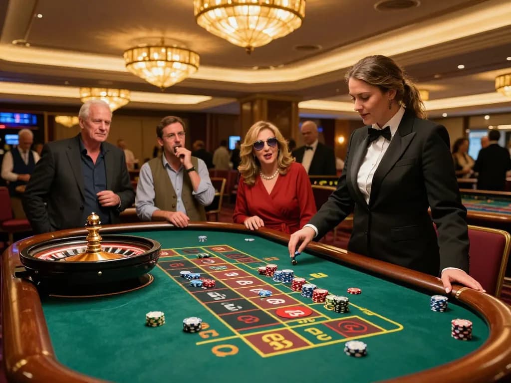 Betting excitement at 32win roulette table with intense players watching the spinning wheel.