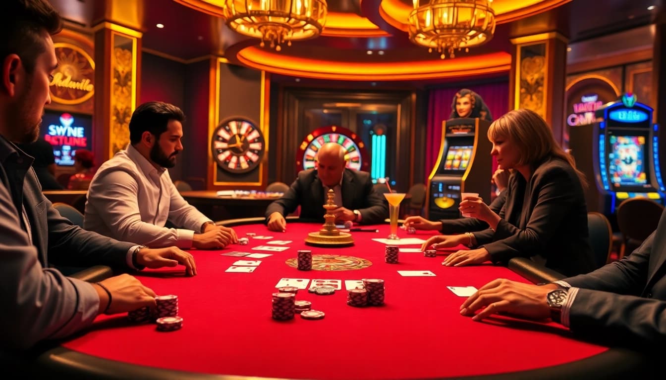 Experience thrilling casino gameplay with 13win, featuring poker tables and vibrant slot machines.
