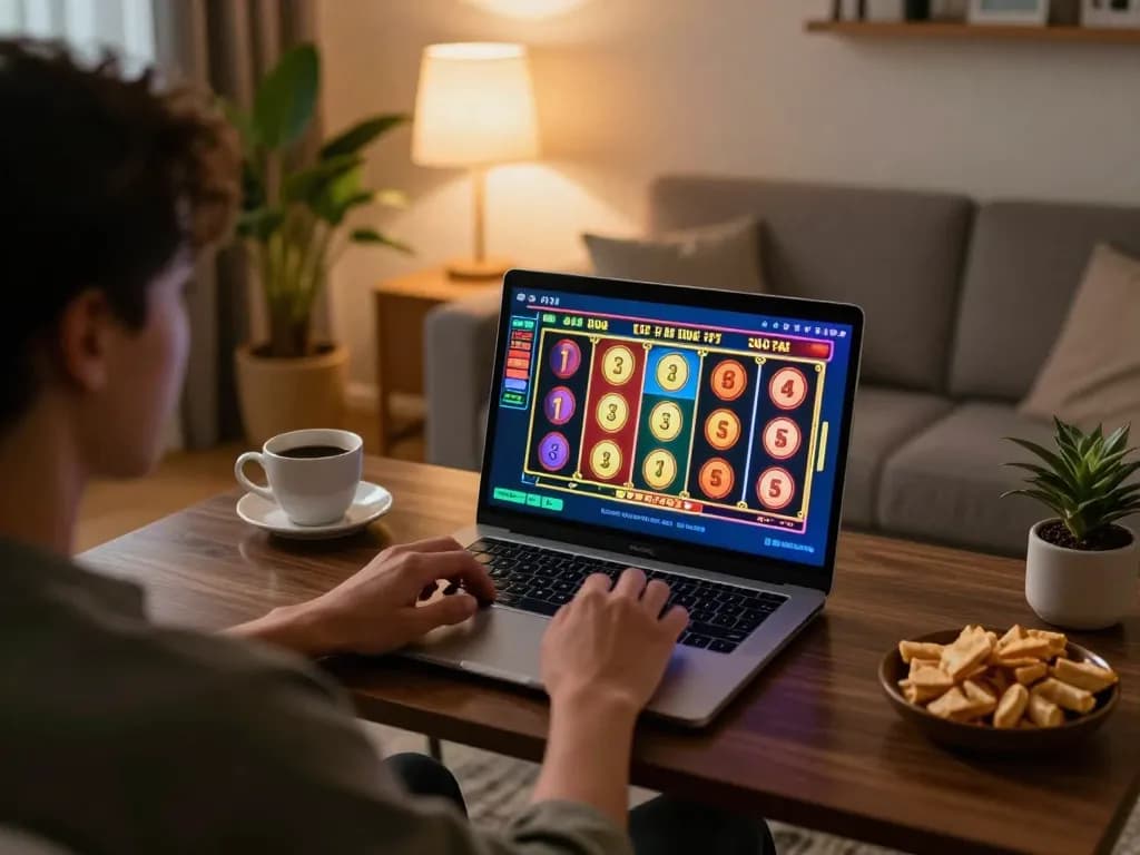 Engaging session of online slots on 8day gaming platform in a cozy living room.