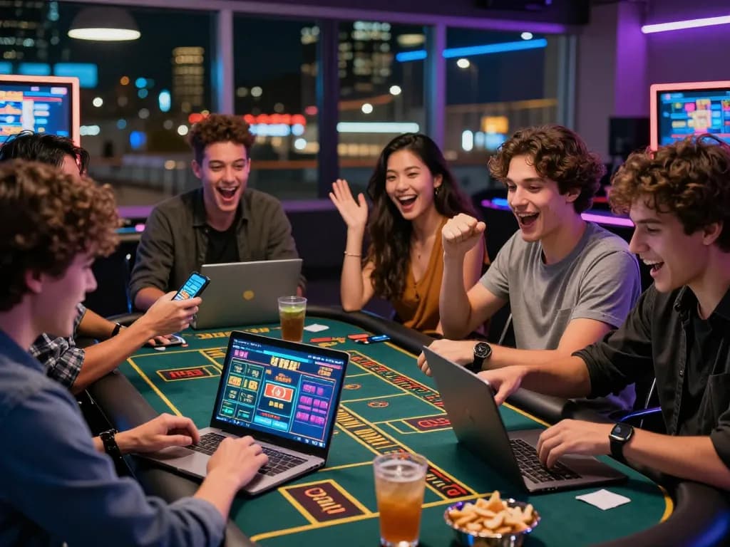 Friends enjoying an engaging online gambling session with aud77 in a vibrant urban setting.