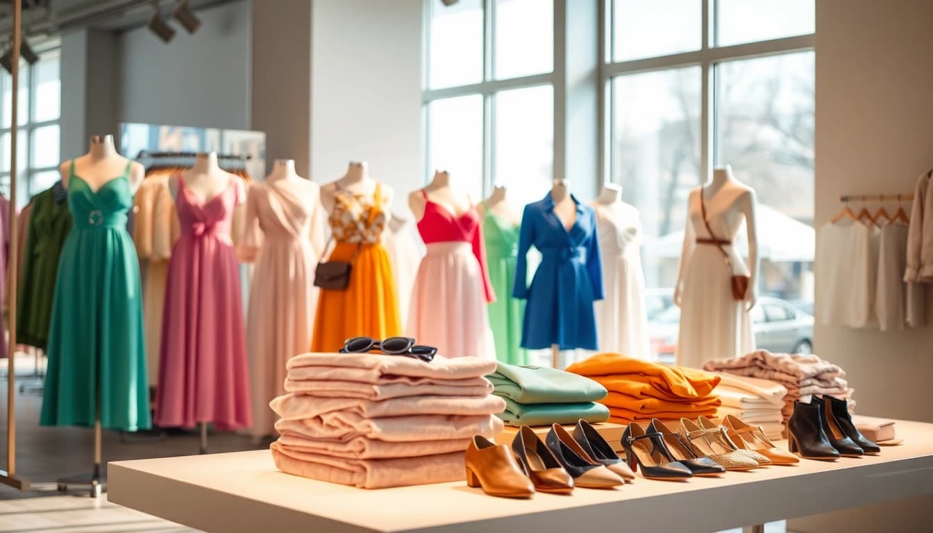 Showcase of stylish women clothing in a modern boutique, highlighting vibrant colors and elegant design.