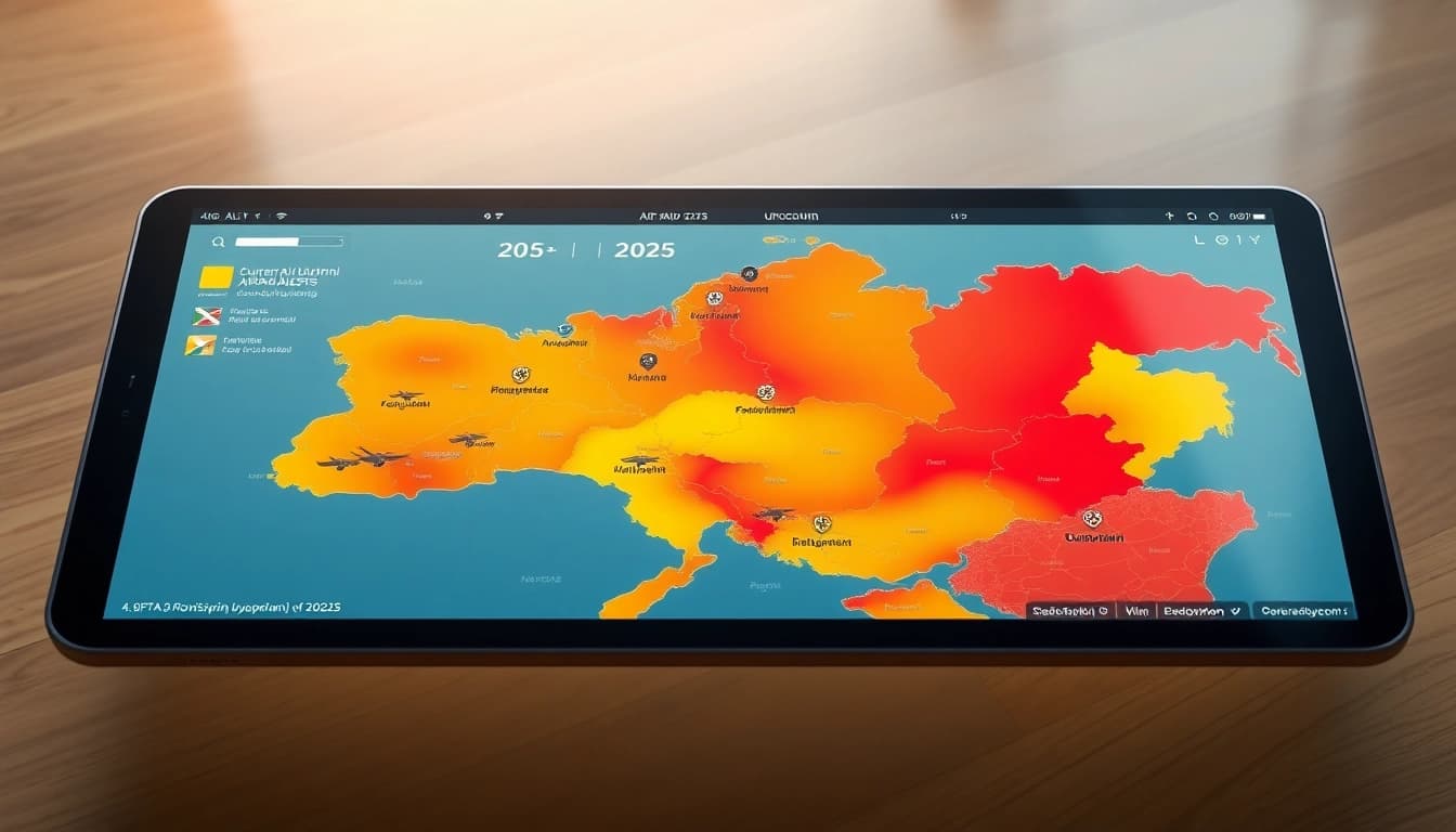 Current air raid alerts map of Ukraine today, highlighting key threat areas and statuses.