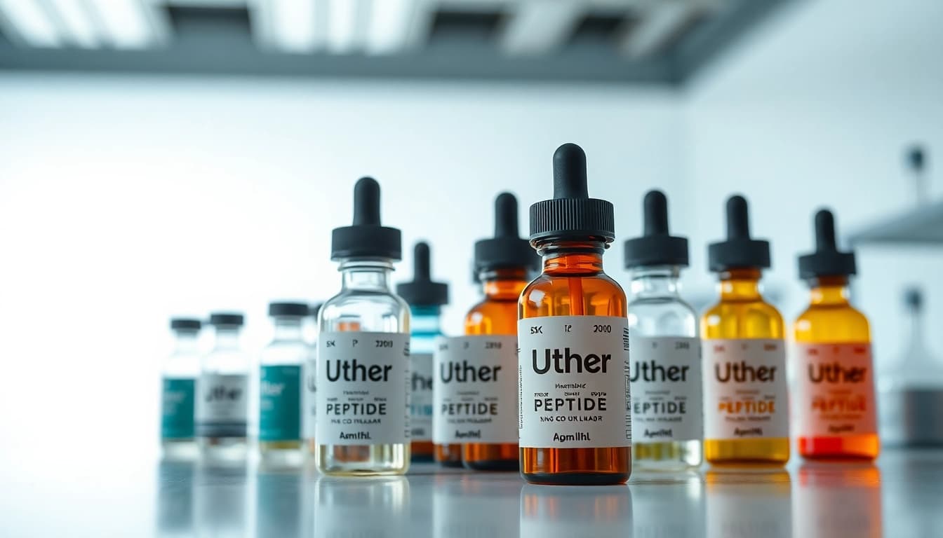 Uther Peptide vials displayed prominently in a scientific lab, showcasing quality and innovation.