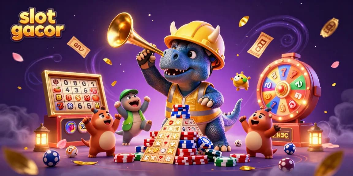 Slot gacor yang menarik dan menghibur dengan triceratops mendirikan tumpukan chip poker di bawah iringan suara game.