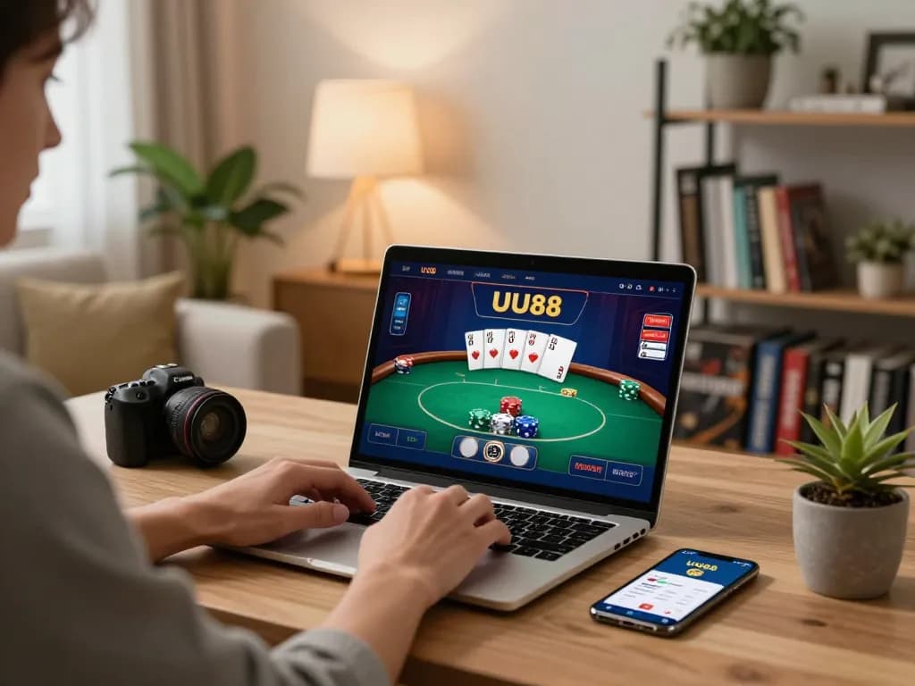 Player engaging in online gambling at UU88 from home, showcasing active poker game on laptop.