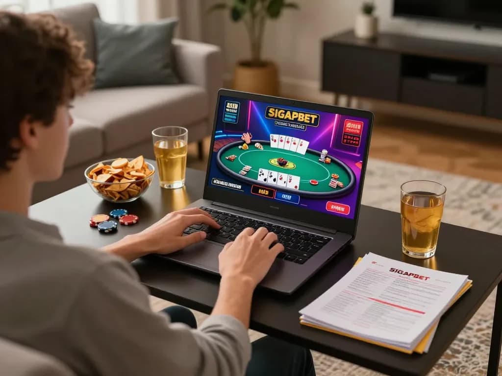 Engaging poker gameplay with SIGAPBET displayed on a laptop screen, inviting home atmosphere.