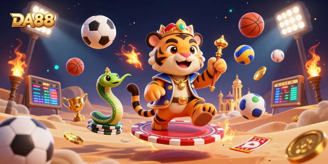 Experience DA88's thrilling atmosphere with gamblers celebrating wins amidst dynamic sports elements and golden treasures.
