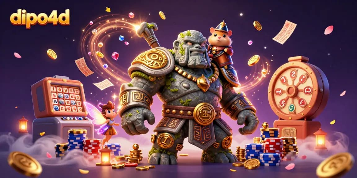 Join the excitement of dipo4d lottery with vibrant scenes of cascading coins and sparkling treasures.