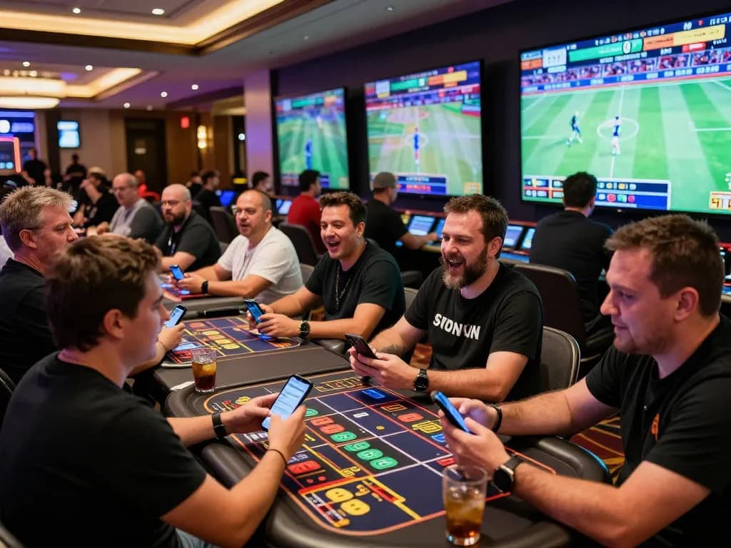 Engaged patrons placing bets on sbobet in a lively sports betting area of a luxury casino
