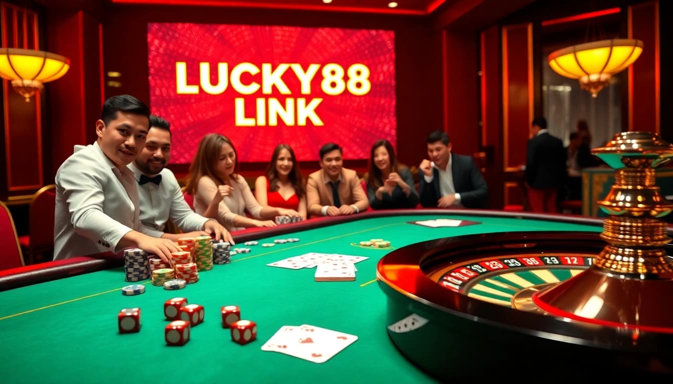 Excited players engaging at a poker table with vibrant LUCKY88 LINK highlighted.