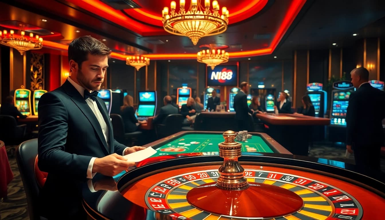Experience the thrill of N188 in a luxurious casino with vibrant tables and excited players.