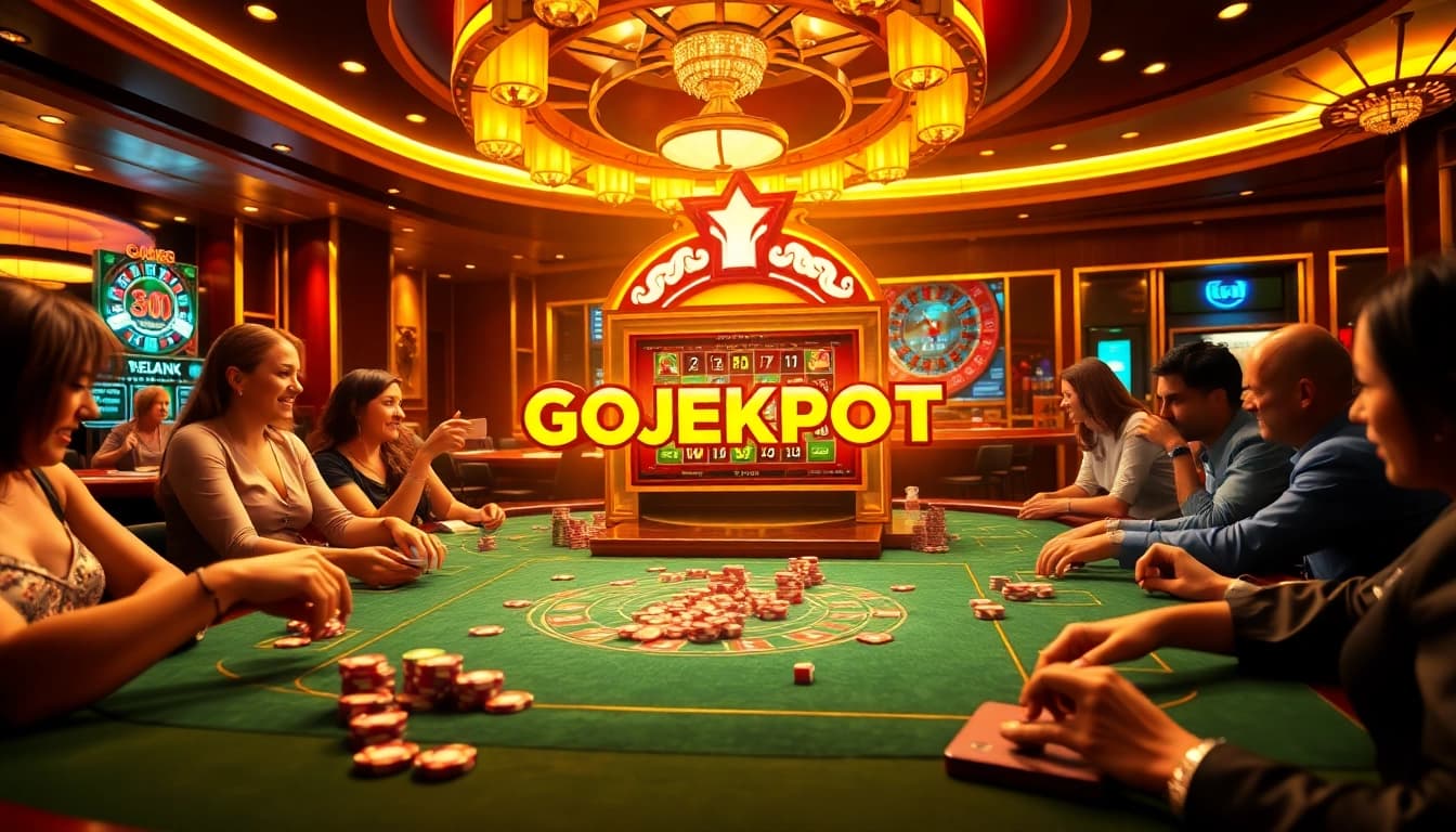 Experience the thrill of Gojekpot at a luxurious casino with vibrant games and eager players.