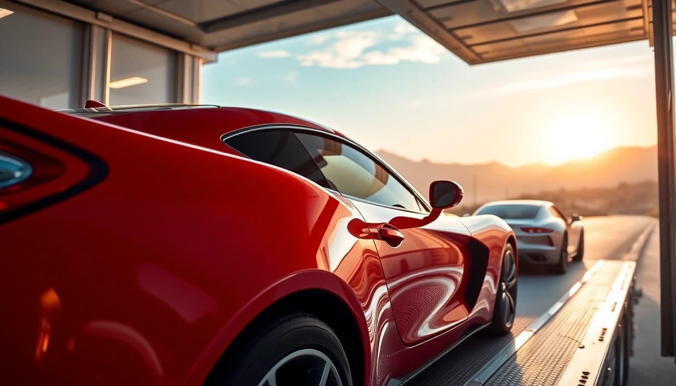 Experience seamless Exotic car shipping with luxury vehicles being loaded onto a transporter.