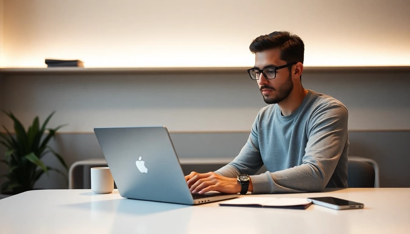 Desenvolvimento de Sites: designer concentrado criando um site em um ambiente moderno e iluminado.