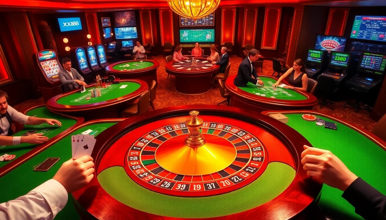 Experience exciting gameplay at xx88 casino, showcasing a lively roulette wheel and enthusiastic players.