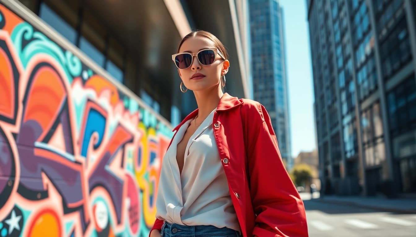 Fashion model showcases chic street style in a vibrant urban environment.