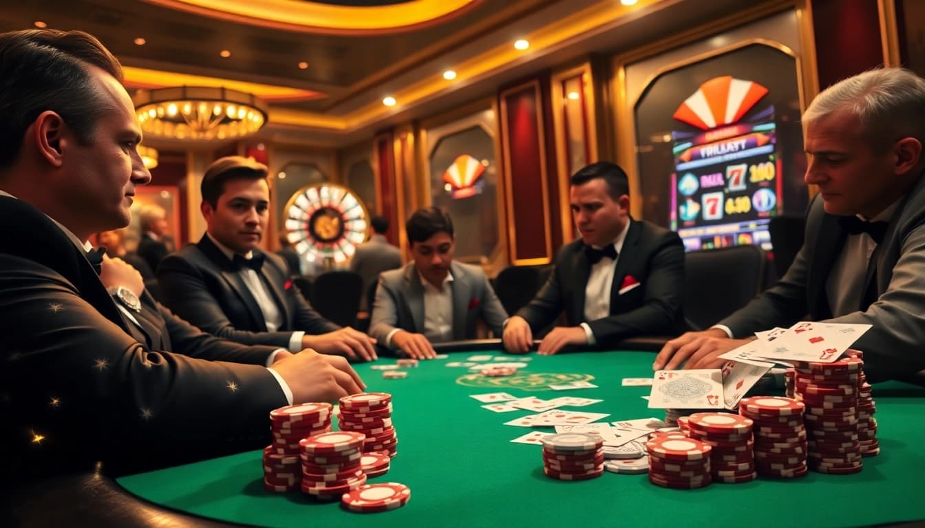 TWIN68 poker game ambiance with players and chips set in a luxurious casino atmosphere.