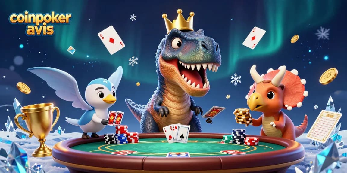 Évaluez coinpoker avis avec un T-Rex tentant de jouer aux cartes dans un décor ludique de casino.