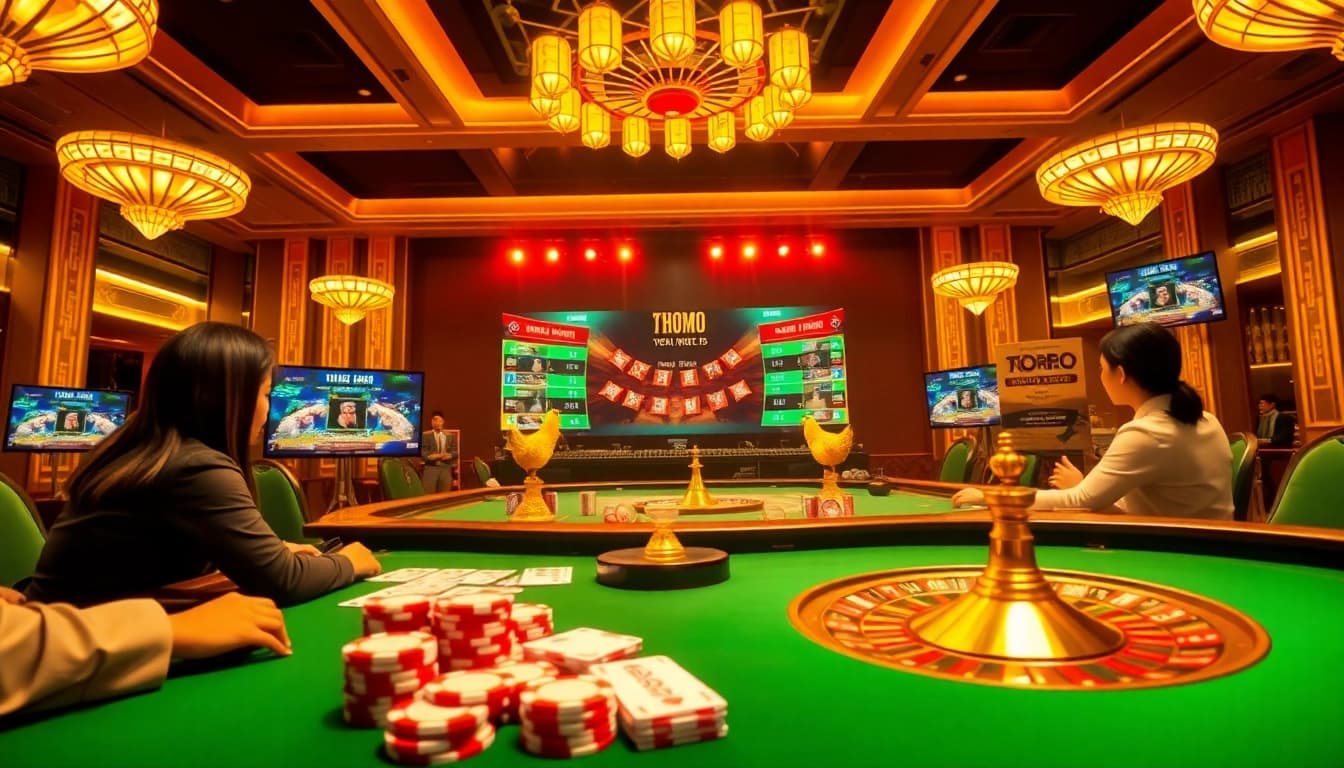 Watch a thrilling đá gà thomo live broadcast with engaged bettors and vibrant casino atmosphere.