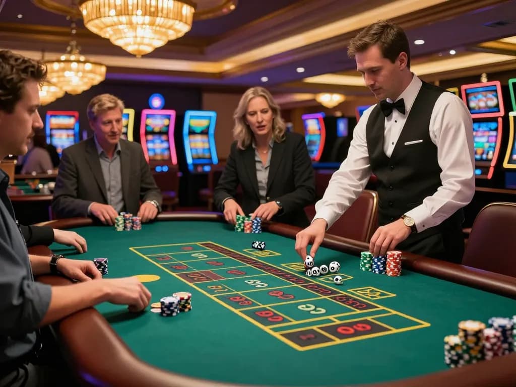 Experience the thrill of craps at https://88vv1.co.com/, where players engage in high-energy betting amidst vibrant casino lights.