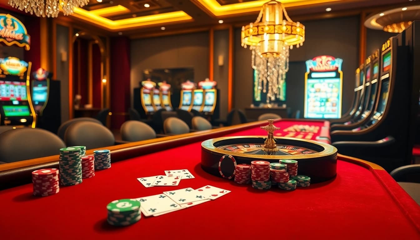 KJC-branded luxury casino scene featuring poker tables, chips, and roulette wheels.
