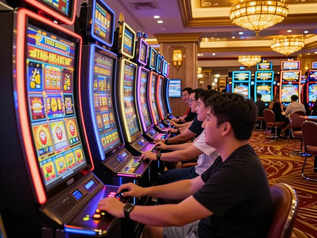 Players enjoying vibrant slot machines at tr88.com, showcasing excitement and engagement in a lively casino.