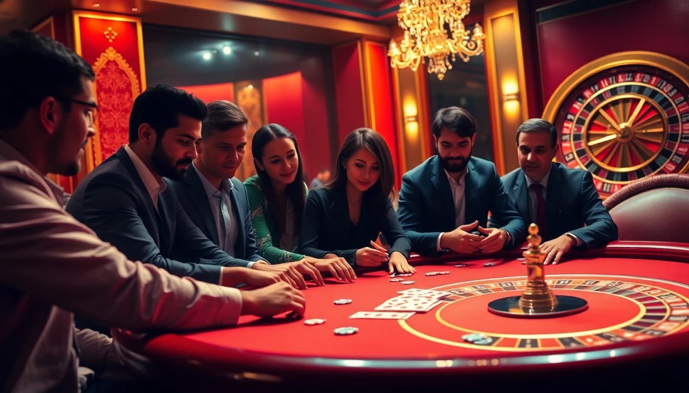 mm888 poker game scene with players and colorful chips in a luxury casino setting.