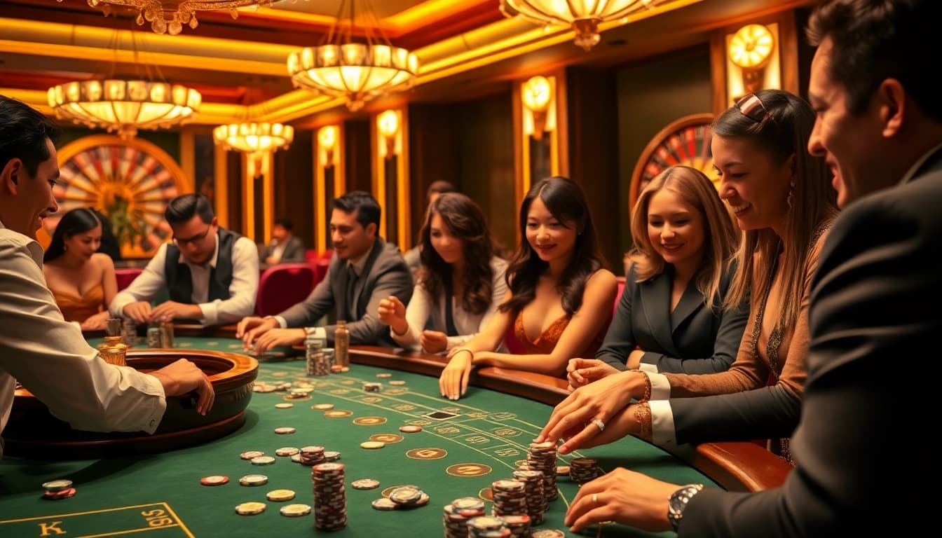 SHBET casino scene showcasing exciting gameplay at elegant tables with diverse players.