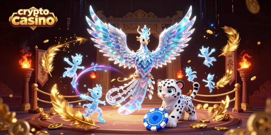 I migliori giochi dei crypto casino: un fenice ghiacciata e un cucciolo di leopardo si divertono con le fiches del poker