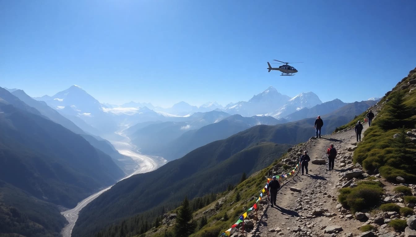 Everest Base Camp Trek with Helicopter Return showcasing stunning mountain peaks and helicopter views.