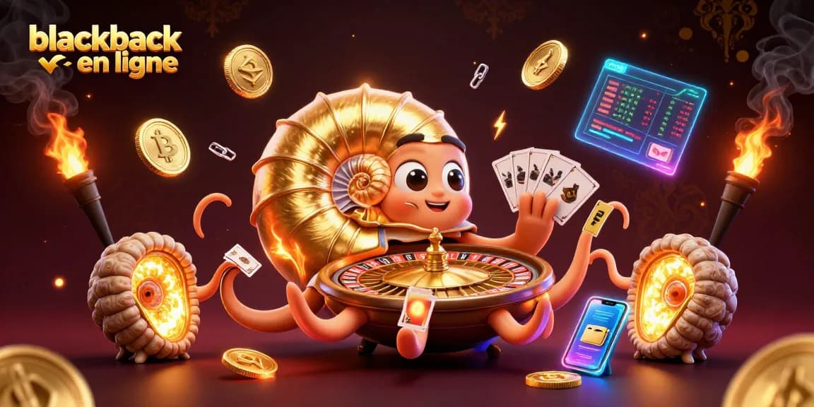 Gagnez au blackjack en ligne avec une illustration 3D animée captivante des éléments de jeu.