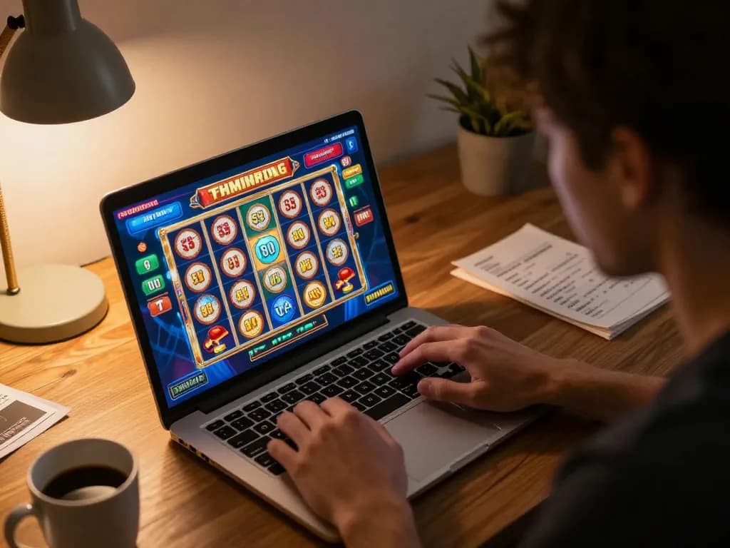 Player enjoys online slots on laptop, showcasing tg88 jackpots and strategic betting.