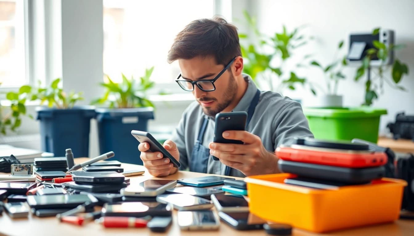 Sell your old devices with a technician analyzing smartphones in a modern eco-friendly workspace.