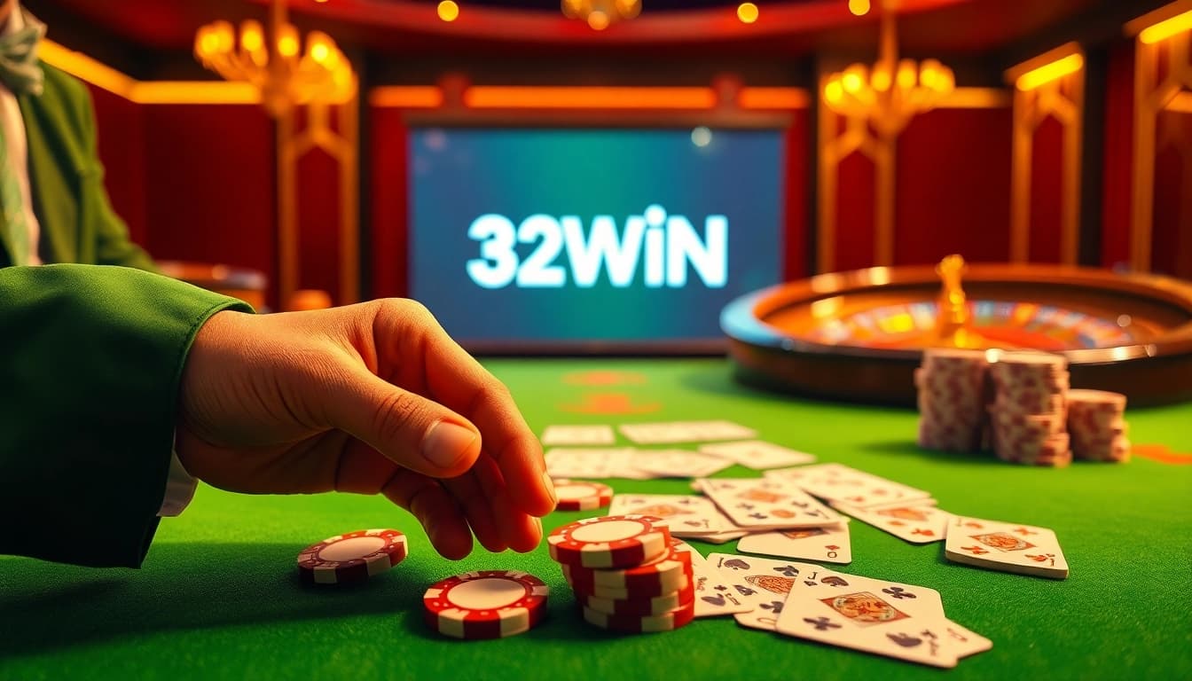 Experience thrilling poker gameplay at 32WIN with vibrant chips and cards in a luxurious casino setting.