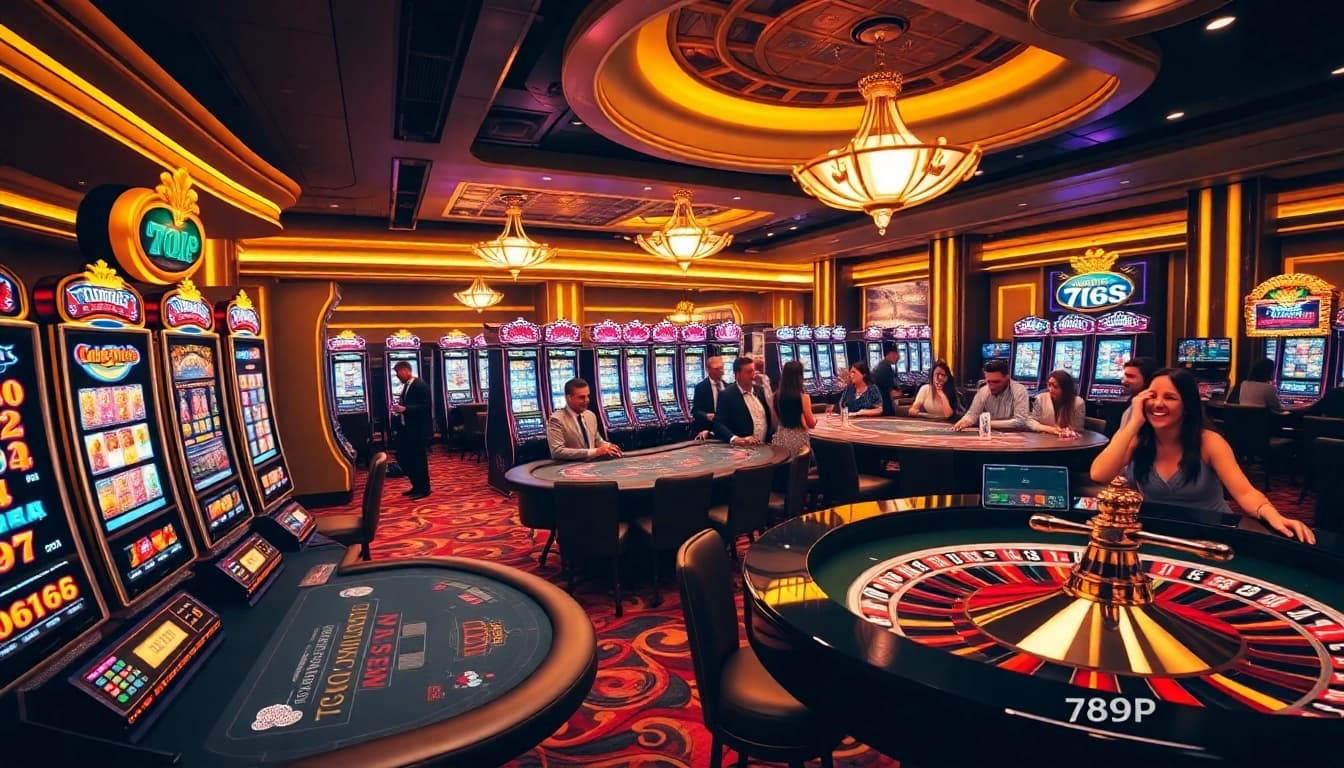 Players enjoying vibrant slot machines at 789P casino, showcasing excitement and luxury.