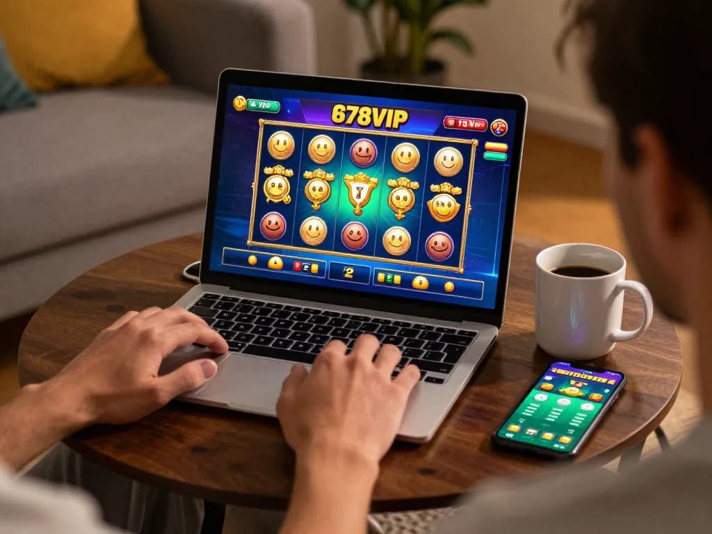 Player enjoying a thrilling slot game at 678VIP online casino in a cozy home setting.