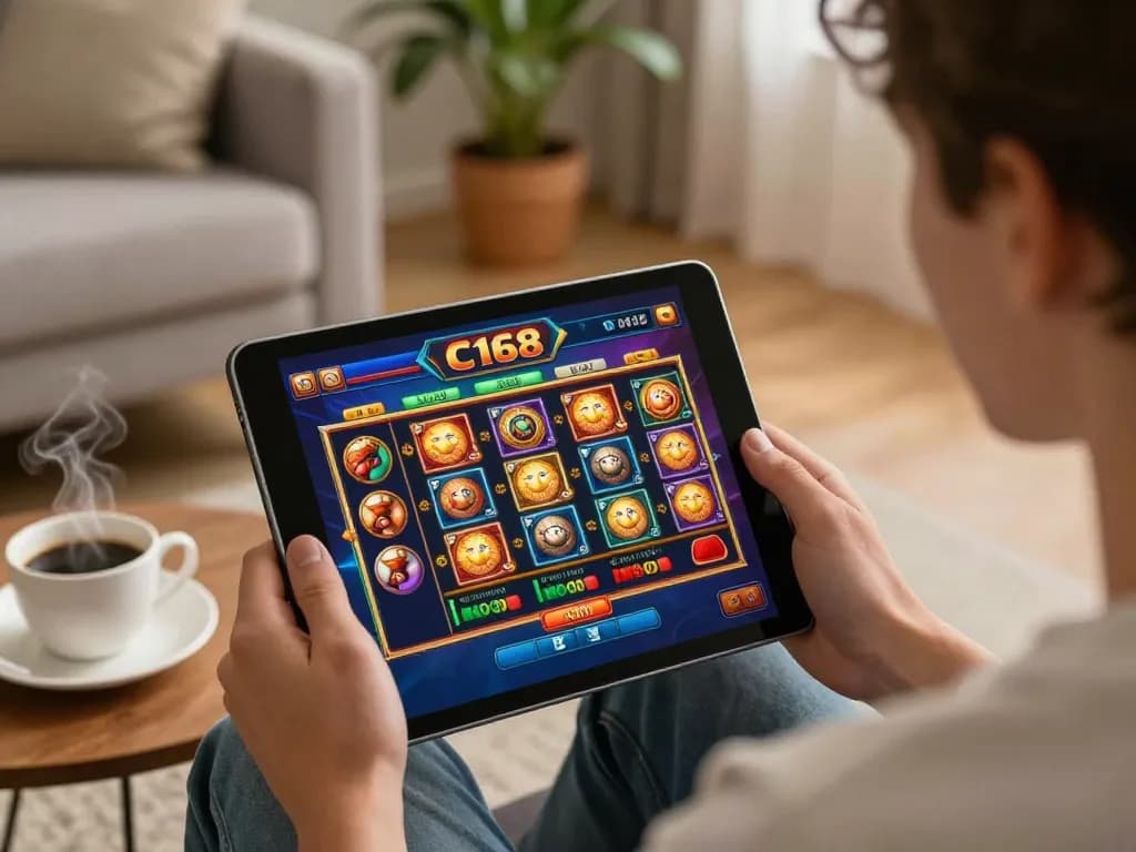 C168 player enjoying a smartphone casino game in a cozy home setting.
