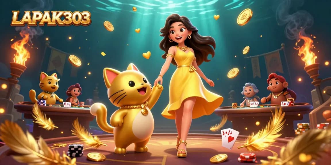LAPAK303 brings luck with a stunning woman and a golden cat at a vibrant poker table.