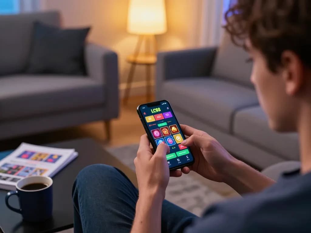 Player enjoying LC88 mobile app on smartphone for strategic betting in modern home setting
