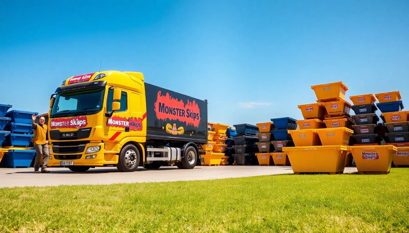 Efficient Monster Skips truck in a well-organized yard, showcasing skip hire services.