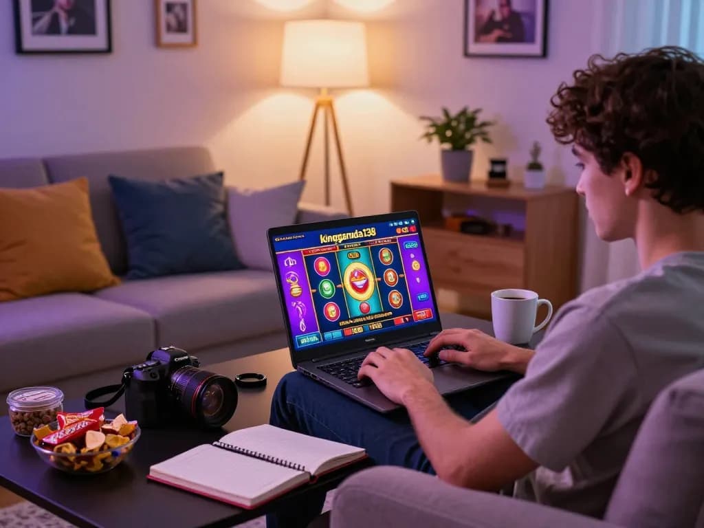 Player enjoying slots at kinggaruda138 in a cozy home setting with snacks and strategy notes.