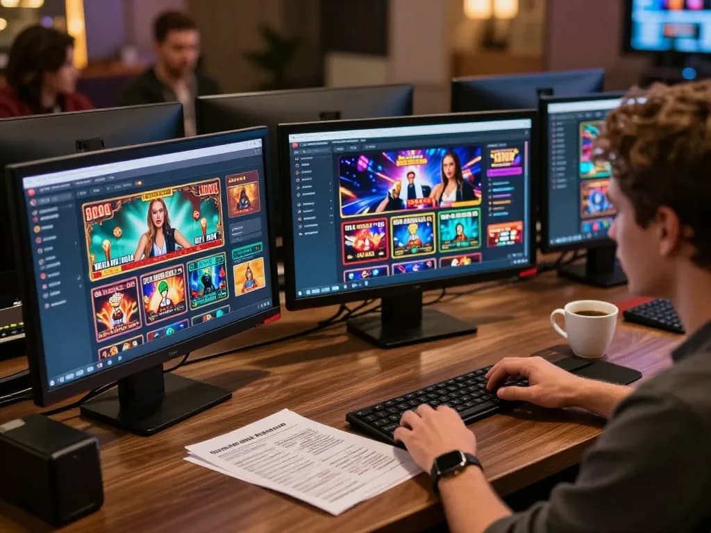 Engaging with sites not on gamstop during online poker play with multiple screens and strategic notes.